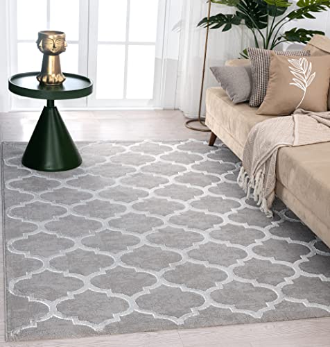 the carpet Knight Eleganter, Hochwertiger, Wohnzimmer Teppich, Softer Kurzflor, 3-D Effekt, Glänzende Design-Elemente, Hoch-Tief Struktur, Grau, 140 x 200 cm von the carpet