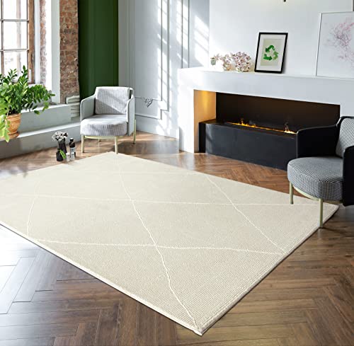 the carpet Lima nachhaltiger und umweltbewusster Designer Teppich, weich & pflegeleicht, 3D-Effekt, waschbar, Flor aus 100% recyceltem Polyester, Raute, Creme, 120 x 170 cm von the carpet