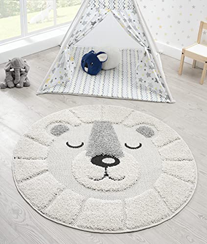 the carpet Lou Weicher Kuscheliger Kinderteppich, Weicher Kuschel-Flor, Pflegeleicht, Farbecht, Outdoor, 3D Optik, Löwen Motiv, Creme, 80 cm Rund von the carpet