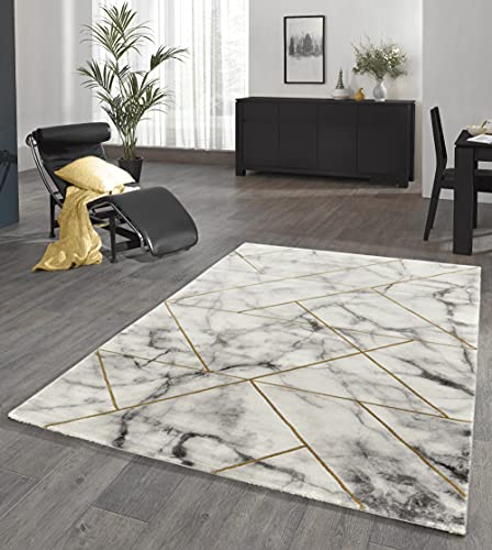 the carpet Marble Moderner Dichter Kurzflor Wohnzimmer Schlafzimmer Teppich, Designerteppich, Eleganter Glanz, Glanzfaser, Flauschig, modisch, Marmor-Optik, Geometrisch, Gold, 80 x 150 cm von the carpet