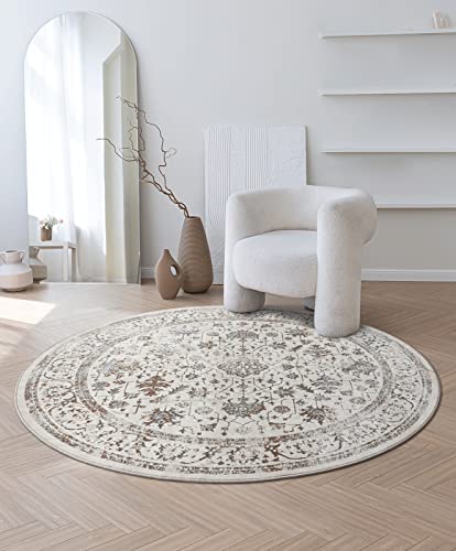 the carpet Mila - moderner Kurzflor Teppich, Wohnzimmer, Schlafzimmer, Eleganter Glanz, Glanzfaser, Hoch-Tief Effekt, Bordüre, Creme, 200 cm Rund von the carpet