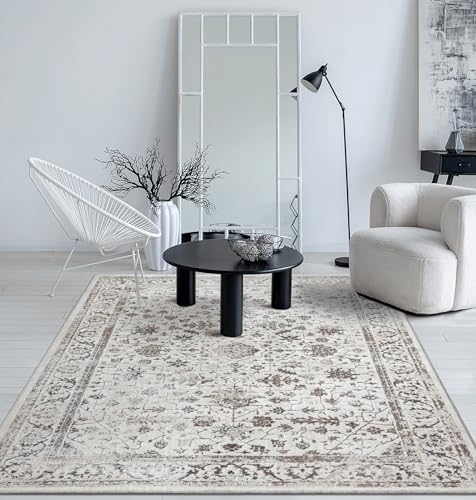 the carpet Mila Moderner Dicher Kurzflor Teppich, Wohnzimmer, Schlafzimmer, Eleganter Glanz, Glanzfaser, Hoch-Tief Effekt, Bordüre, Creme, 200 x 290 cm von the carpet