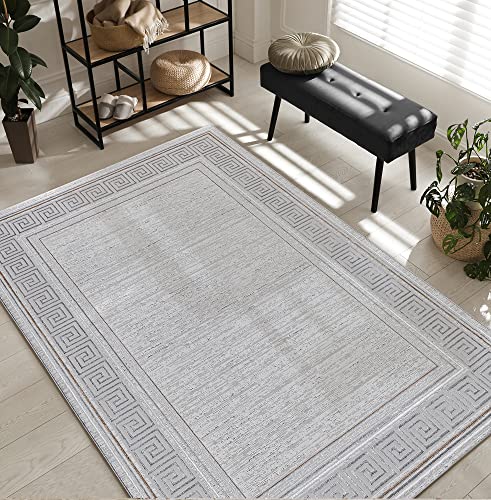 the carpet Mila moderner Teppich Wohnzimmer, elegant glänzender Kurzflor Wohnzimmerteppich in Grau mit Gold Silber Bordüre, Teppich 160 x 230 cm von the carpet