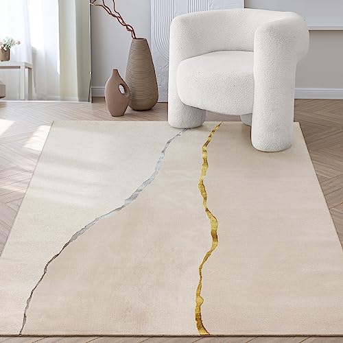 the carpet Mila Moderner Dicher Kurzflor Teppich, Wohnzimmer, Schlafzimmer, Eleganter Glanz, Glanzfaser, Hoch-Tief Effekt, Creme, 200 x 290 cm von the carpet