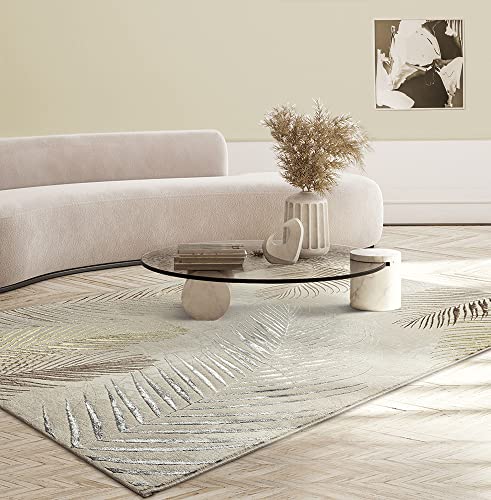 the carpet Mila Moderner Dicher Kurzflor Teppich, Wohnzimmer, Schlafzimmer, Eleganter Glanz, Glanzfaser, Hoch-Tief Effekt, Feder, Creme, 240 x 340 cm von the carpet