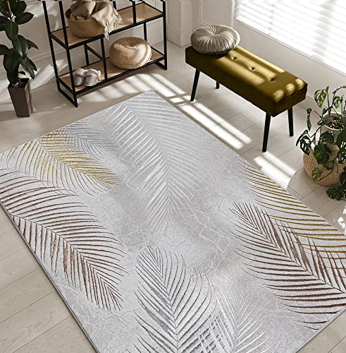 the carpet Mila moderner Teppich Wohnzimmer, elegant glänzender Kurzflor Wohnzimmerteppich in Grau mit Gold Silber Feder Muster, Teppich 80 x 300 cm von the carpet
