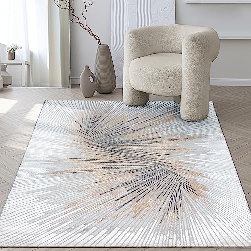 the carpet Mila Moderner Dicher Kurzflor Teppich, Wohnzimmer, Schlafzimmer, Eleganter Glanz, Glanzfaser, Hoch-Tief Effekt, Grau Creme, 120 x 170 cm von the carpet