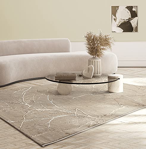 the carpet Mila moderner Teppich Wohnzimmer, elegant glänzender Kurzflor Wohnzimmerteppich in Beige mit Gold Blitz Muster, Teppich 200 x 290 cm von the carpet