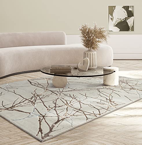 the carpet Mila moderner Teppich Wohnzimmer, elegant glänzender Kurzflor Wohnzimmerteppich in Creme mit Gold Blitz Muster, Teppich 200 x 290 cm von the carpet