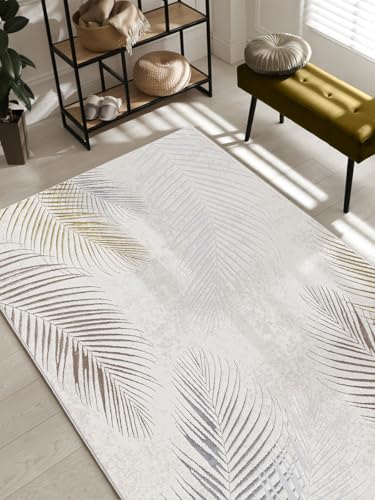 the carpet Mila moderner Teppich Wohnzimmer, elegant glänzender Kurzflor Wohnzimmerteppich in Creme mit Gold Silber Feder Muster, Teppich 200 x 290 cm von the carpet