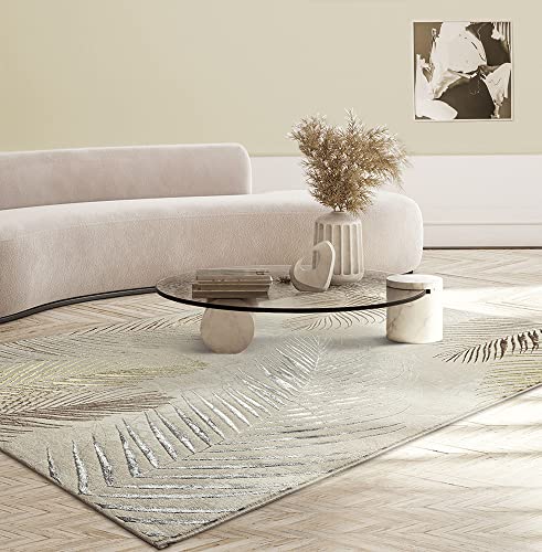 the carpet Mila moderner Teppich Wohnzimmer, elegant glänzender Kurzflor Wohnzimmerteppich in Creme mit Gold Silber Feder Muster, Teppich 80 x 150 cm von the carpet