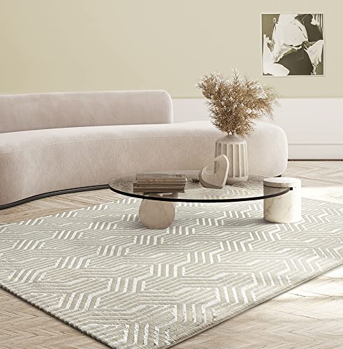 the carpet Mila moderner Teppich Wohnzimmer, elegant glänzender Kurzflor Wohnzimmerteppich in Creme mit geometrischem Muster, Teppich 200 x 290 cm von the carpet