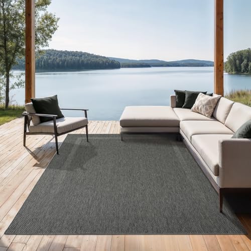 the carpet Mistra - robuster Outdoor Teppich, modern, Wetterfest & UV-beständig, für Balkon, Terrasse und Wintergarten Aber auch für die Küche geeignet, flachgewebt, Bordüre, Anthrazit, 160 x 220 cm von the carpet