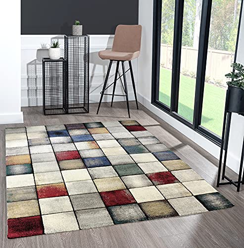 the carpet Monde Deluxe Wohnzimmer Teppich Hand Carved, Kurzflor, Bunt, Blau, Weiß, Rot, Grau, Gold, Quadrat Muster, 120 x 170 cm von the carpet