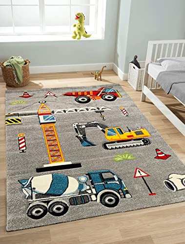 the carpet Monde Kids Kinderteppich, Spielteppich, Weicher Flor, Pflegeleicht, Farbecht, Lebendige Farben, Baustelle, Bagger, Kran, Grau, 160 x 230 cm von the carpet