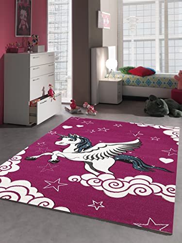 the carpet Monde Kids Moderner Weicher Kinderteppich, Weicher Flor, Pflegeleicht, Farbecht, Lebendige Farben, Herz, Einhorn, Fuchsia, Lila, 120 x 170 cm von the carpet