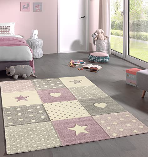 the carpet Monde Kids Moderner Weicher Kinderteppich, Weicher Flor, Pflegeleicht, Farbecht, Lebendige Farben, Herz, Stern, Lila, 140 x 200 cm von the carpet