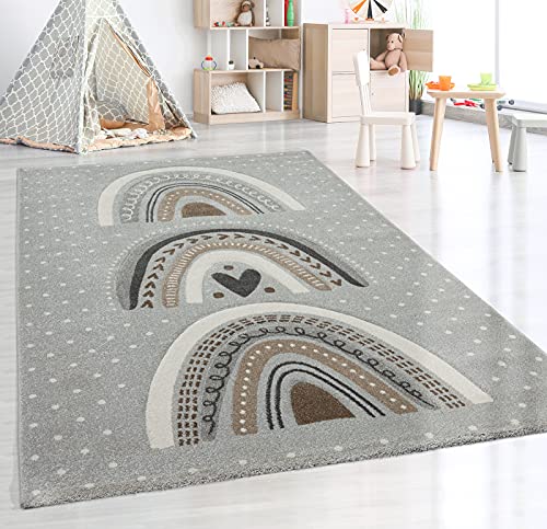 the carpet Monde Kids Moderner Weicher Kinderteppich, Weicher Flor, Pflegeleicht, Farbecht, Lebendige Farben, Regenbogen Muster, Grau, 160 x 230 cm von the carpet