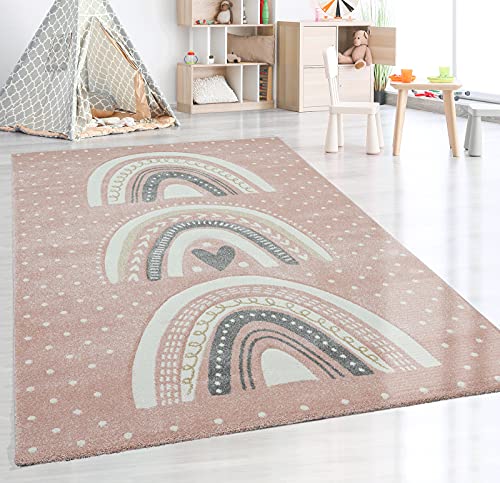 the carpet Monde Kids Moderner Weicher Kinderteppich, Weicher Flor, Pflegeleicht, Farbecht, Lebendige Farben, Regenbogen Muster, Rosa, 120 x 170 cm von the carpet