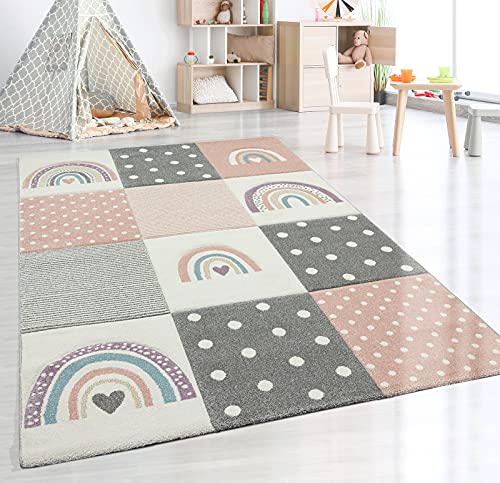 the carpet Monde Kids Moderner Weicher Kinderteppich, Weicher Flor, Pflegeleicht, Farbecht, Lebendige Farben, Regenbogen Muster, Rosa, 120 x 170 cm von the carpet