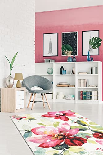 the carpet Monde Moderner Designer Wohnzimmer Teppich, Weicher Kurzflor, Blickfang, Blumen, Bunt, Creme, Rosa, 200 x 290 cm von the carpet