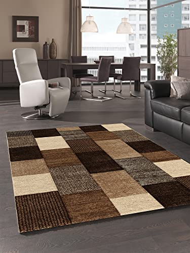 the carpet Monde Moderner Designer Wohnzimmer Teppich, Weicher Kurzflor, Hoch Tief Effekt, Konturenschnitt, Zeitloses Design, Meliert, Kariert, Braun, 160 x 230 cm von the carpet