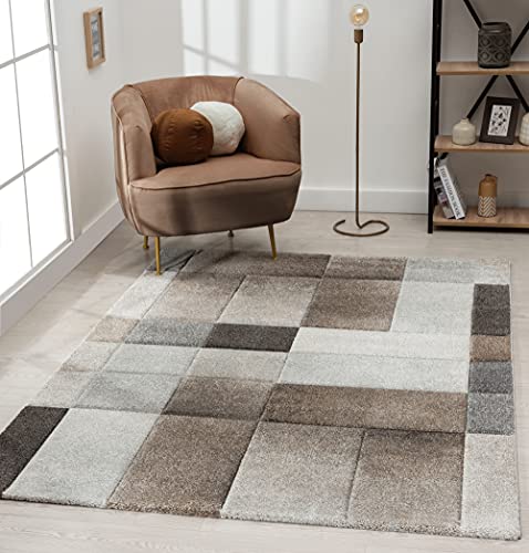 the carpet Monde Moderner Designer Wohnzimmer Teppich, Weicher Kurzflor, Hoch Tief Effekt, Konturenschnitt, Zeitloses Design, Meliert, Kariertes Muster, Grau-Braun, 120 x 170 cm von the carpet