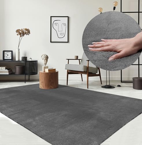 the carpet Relax Moderner Flauschiger Kurzflor Teppich, Anti-Rutsch Unterseite, Waschbar bis 30 Grad, Super Soft, Felloptik, Anthrazit, 140 x 200 cm von the carpet