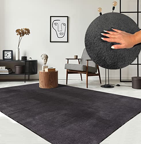 the carpet Relax Moderner Flauschiger Kurzflor Teppich, Anti-Rutsch Unterseite, Waschbar bis 30 Grad, Super Soft, Felloptik, Anthrazit, 60 x 110 cm von the carpet