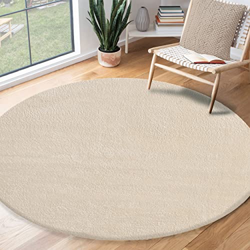 the carpet Relax Moderner Flauschiger Kurzflor Teppich, Anti-Rutsch Unterseite, Waschbar bis 30 Grad, Super Soft, Felloptik, Beige, 120 x 120 cm Rund von the carpet