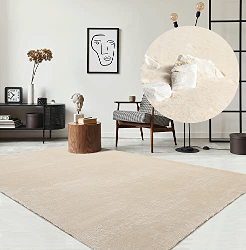 the carpet Relax Moderner Flauschiger Kurzflor Teppich, Anti-Rutsch Unterseite, Waschbar bis 30 Grad, Super Soft, Felloptik, Beige, 140 x 200 cm von the carpet