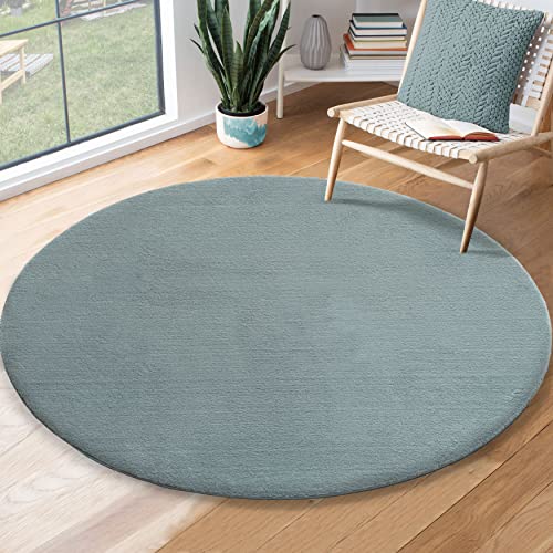 the carpet Relax Moderner Flauschiger Kurzflor Teppich, Anti-Rutsch Unterseite, Waschbar bis 30 Grad, Super Soft, Felloptik, Blau, 200 x 200 cm Rund von the carpet