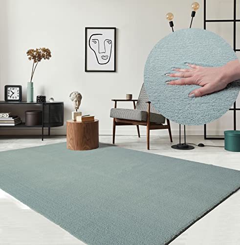 the carpet Relax Moderner Flauschiger Kurzflor Teppich, Anti-Rutsch Unterseite, Waschbar bis 30 Grad, Super Soft, Felloptik, Blau, 80 x 150 cm von the carpet