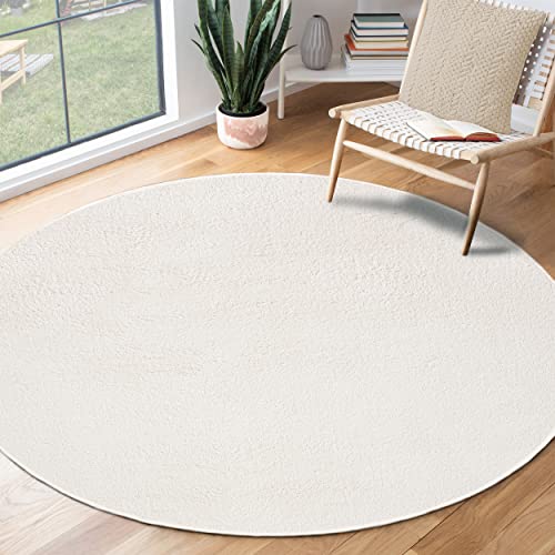 the carpet Relax Moderner Flauschiger Kurzflor Teppich, Anti-Rutsch Unterseite, Waschbar bis 30 Grad, Super Soft, Felloptik, Creme, 120 x 120 cm Rund von the carpet