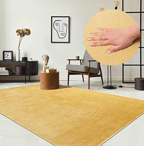 the carpet Relax Moderner Flauschiger Kurzflor Teppich, Anti-Rutsch Unterseite, Waschbar bis 30 Grad, Super Soft, Felloptik, Gold, 240 x 340 cm von the carpet