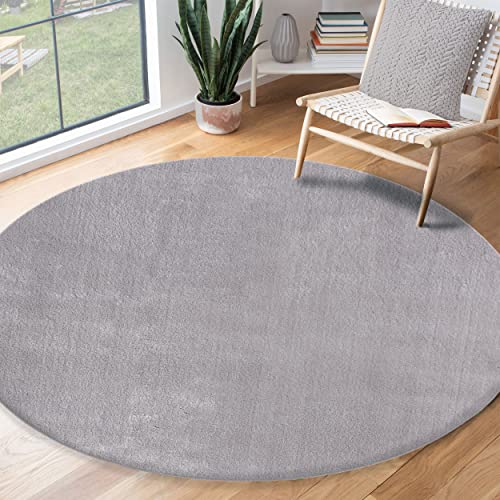 the carpet Relax Moderner Flauschiger Kurzflor Teppich, Anti-Rutsch Unterseite, Waschbar bis 30 Grad, Super Soft, Felloptik, Grau, 200 x 200 cm Rund von the carpet