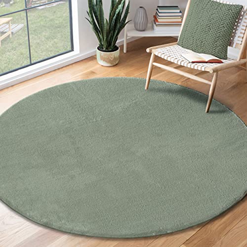 the carpet Relax Moderner Flauschiger Kurzflor Teppich, Anti-Rutsch Unterseite, Waschbar bis 30 Grad, Super Soft, Felloptik, Grün, 120 x 120 cm Rund von the carpet