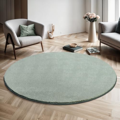 the carpet Relax Moderner Flauschiger Kurzflor Teppich, Anti-Rutsch Unterseite, Waschbar bis 30 Grad, Super Soft, Felloptik, Grün, 120 x 120 cm Rund von the carpet