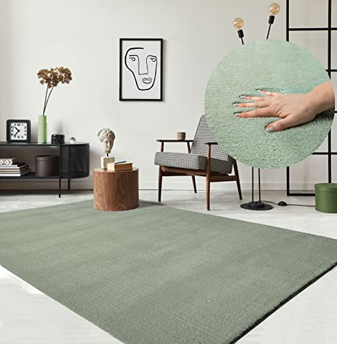 the carpet Relax Moderner Flauschiger Kurzflor Teppich, Anti-Rutsch Unterseite, Waschbar bis 30 Grad, Super Soft, Felloptik, Grün, 80 x 150 cm von the carpet