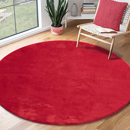 the carpet Relax Moderner Flauschiger Kurzflor Teppich, Anti-Rutsch Unterseite, Waschbar bis 30 Grad, Super Soft, Felloptik, Rot, 120 x 120 cm Rund von the carpet