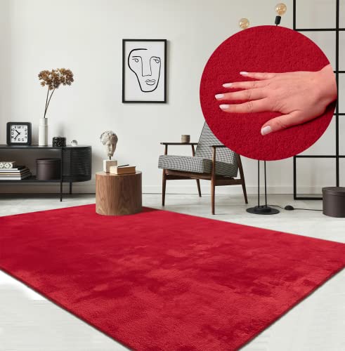 the carpet Relax Moderner Flauschiger Kurzflor Teppich, Anti-Rutsch Unterseite, Waschbar bis 30 Grad, Super Soft, Felloptik, Rot, 80 x 150 cm von the carpet