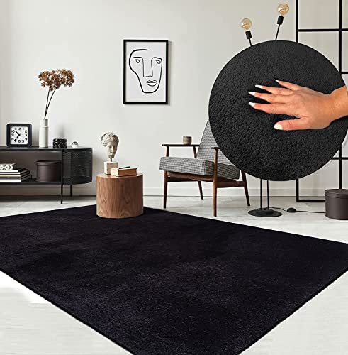 the carpet Relax Moderner Flauschiger Kurzflor Teppich, Anti-Rutsch Unterseite, Waschbar bis 30 Grad, Super Soft, Felloptik, Schwarz, 240 x 340 cm von the carpet