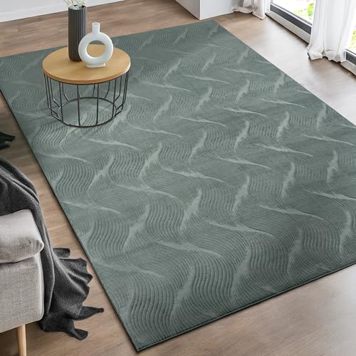 the carpet Rio - moderner und weicher Teppich Wohnzimmer Schlafzimmer mit Anti-Rutsch-Rücken und 3D-Optik, Flauschige Oberfläche, pflegeleicht und robust, Grün, 140 x 200 cm von the carpet