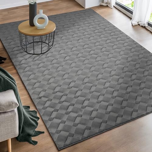 the carpet Rio - moderner und weicher Teppich Wohnzimmer Schlafzimmer mit Anti-Rutsch-Rücken und 3D-Optik, Flauschige Oberfläche, pflegeleicht und robust, Anthrazit, 120 x 160 cm von the carpet