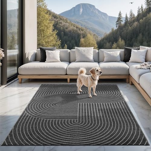the carpet Santo Plus - Hochwertiger Outdoor Teppich, Passend für Wohnzimmer, Schlafzimmer und Terrasse, Wetterfest, langlebig und pflegeleicht, Anthrazit, 140 x 200 cm von the carpet