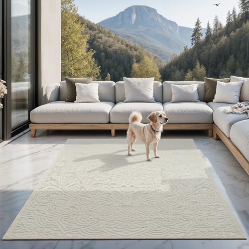 the carpet Santo Plus moderner Teppich - hochwertiger Wohnzimmer Schlafzimmer Teppich Creme - Boho Teppich in 200 x 280 cm aus Polypropylen von the carpet