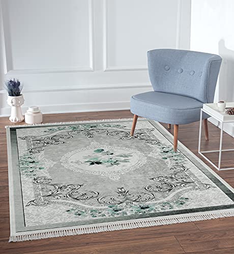 the carpet Sunny Moderner Teppich, Wohnzimmerteppich, Flachgewebe, Pflegeleicht, Elegant, Antislip, Waschbar, Blumen, Grau, 80 x 150 cm von the carpet