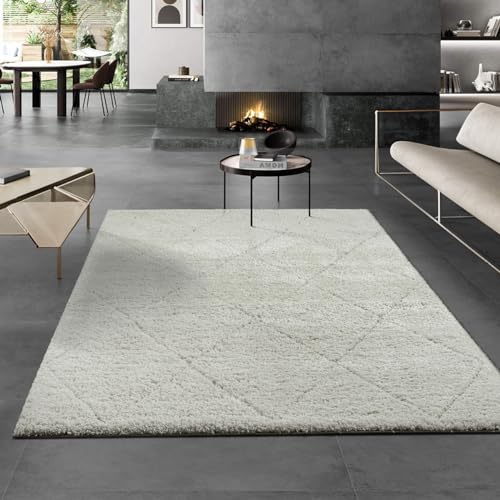 the carpet Velvet eleganter Designer Teppich Wohnzimmer, weicher & pflegeleichter Hochflor Wohnzimmerteppich in Creme-Raute 160 x 230 cm von the carpet
