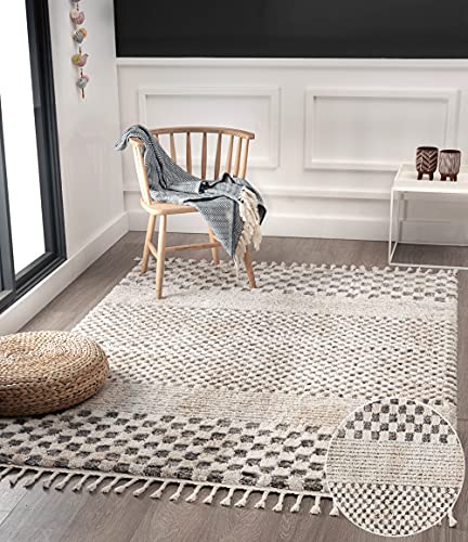 the carpet Vera Handmade-Look, Super Weicher Wohnzimmer Teppich, 3D Effekt, Hochflor, Langflor, Fransen, Skandinavisch, Kariertes Muster, Beige, 200 x 290 cm von the carpet