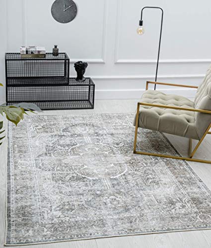 the carpet Zen Klassicher Vintage Wohnzimmer Teppich im Modernen Used Look, Superflach, Waschbar bis 30 Grad, Baumwollrücken, Orient Muster, Grau Braun, 200 x 290 cm von the carpet